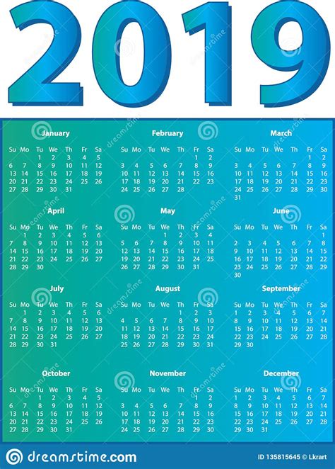 2019 Full Color Full Page Calendar Stock Vector Illustration Of