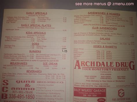 Menu at Archdale Soda Shop restaurant, Archdale