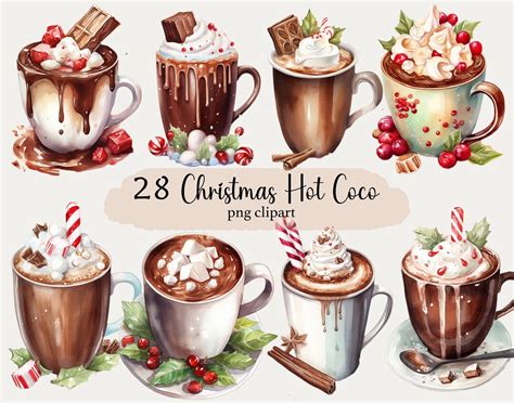 Christmas Clipart Hot Chocolate PNG Bundle Watercolor Christmas Sweets Watercolor Hot Cocoa PNG