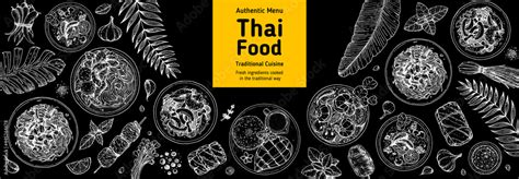 Thai food top view vector illustration. Food menu design template. Hand ...