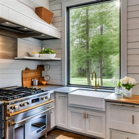 10 A modern farmhouse-style kitchen with shiplap walls, a farmhouse ...