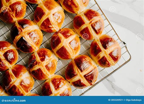 Traditional Easter Hot Cross Buns On A Cooling Rack AI Generated Stock Image Image Of