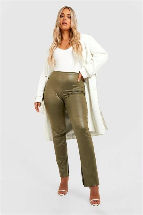 Womens Plus Wet Look Split Hem Leggings Boohoo Uk