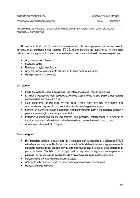 Sistema Construção Etics Instituto Superior TÉcnico Mestrado Em Arquitetura Tecnologia Da