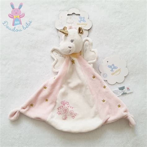 Doudou Plat Licorne Rose Blanc Dor Toiles Nicotoy