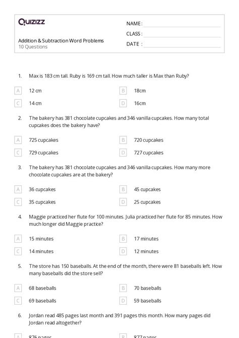 50 Subtraction Word Problems Worksheets For 3rd Grade On Quizizz