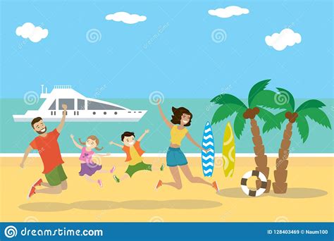 Cartoon Tropical Beach,Happy Family Jumping on the Beach Stock Vector ...