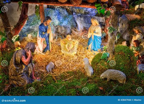 Christmas Nativity Scene With Baby Jesus Mary And Joseph In Barn Stock