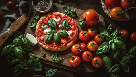 Photo Basil Pizza Tomatoes Cheese Food Spices