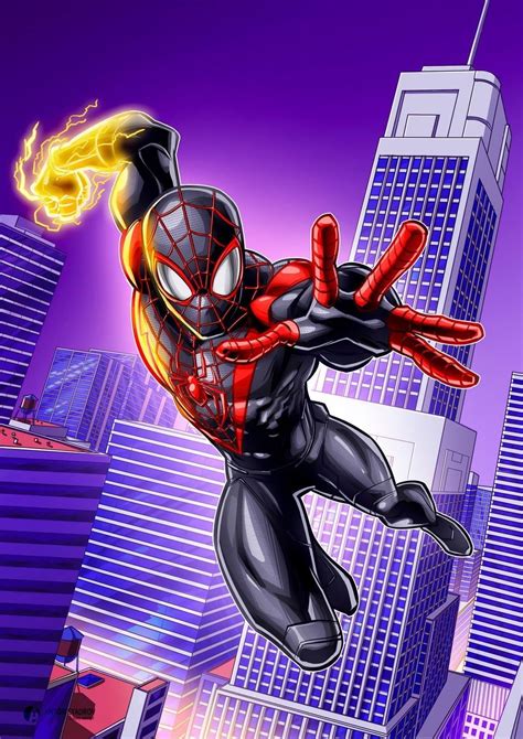 A Spider Man Flying Through The Air In Front Of A Cityscape With