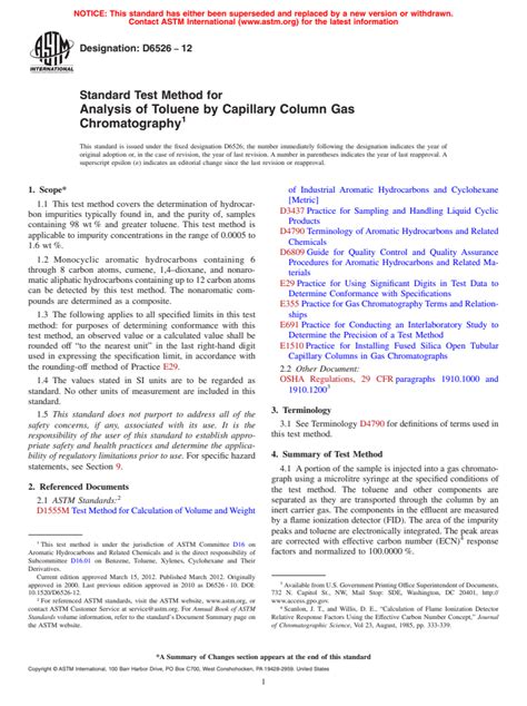 Astm D6526 12 Standard Test Method For Analysis Of Toluene By Capillary Column Gas Chromatography