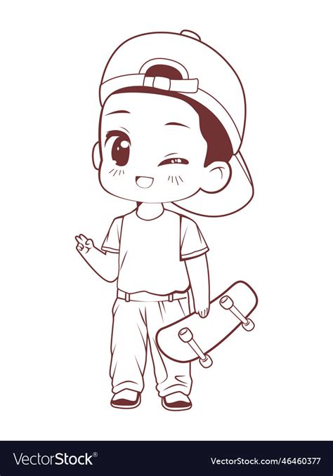 Chibi boy with skateboard coloring Royalty Free Vector Image