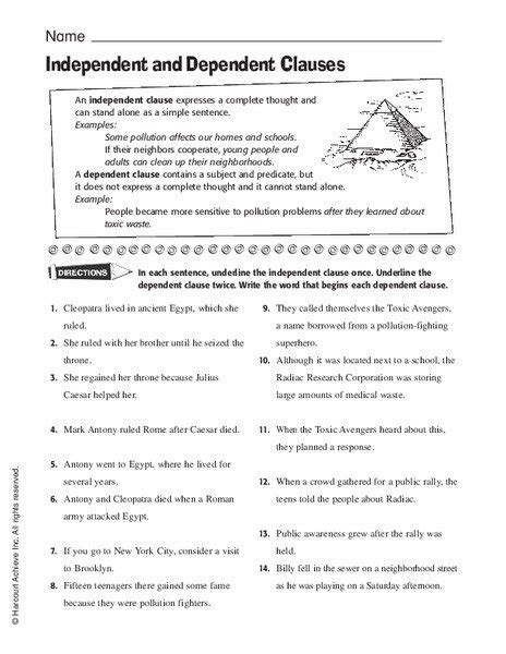 Dependent And Independent Clauses Worksheets