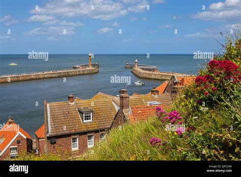 View Of The Lighthouses Of Whitby Harbour From The 199 Steps In The
