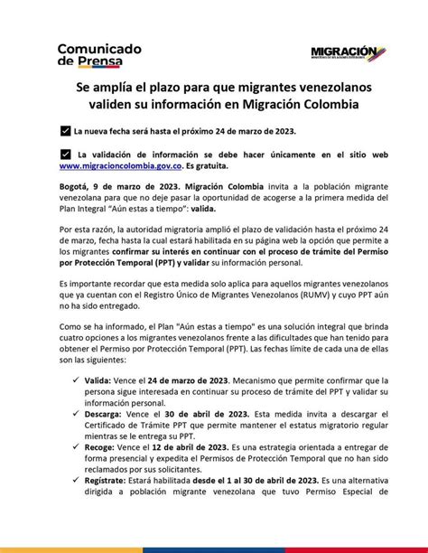 Migraci N Colombia On Twitter Comunicado De Prensa Nuevo Plazo Para