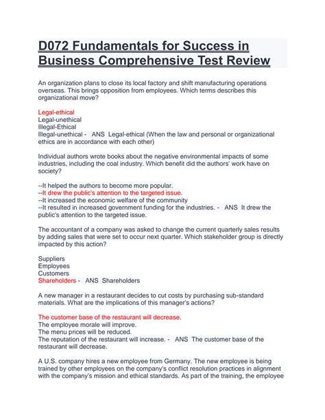 SOLUTION D072 Fundamentals For Success In Business Comprehensive Test