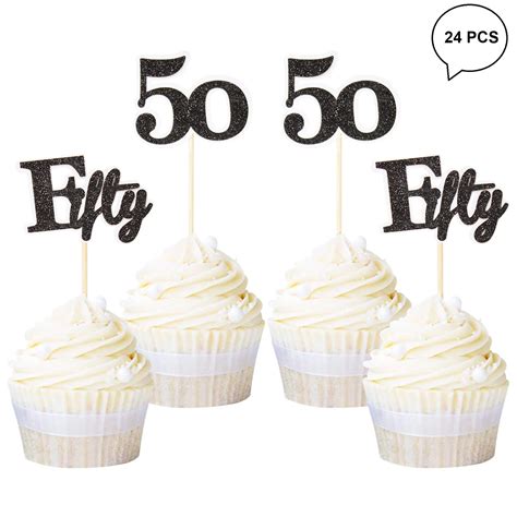 Buy Ercadio 24 Pack Number 50 Cupcake Toppers Black Glitter Age Fifty