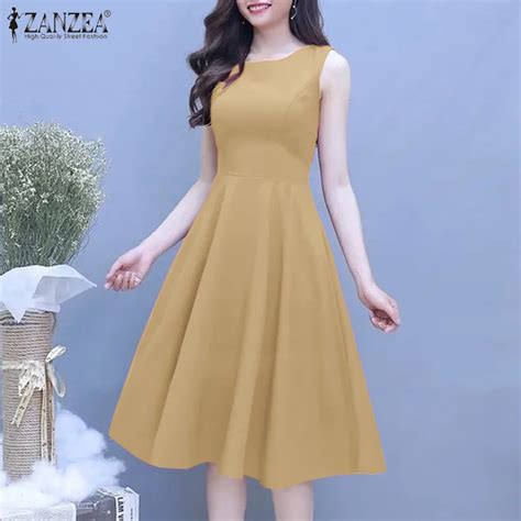 ZANZEA Korean Style Women S Dresses Elegant Summer Sleeveless Round