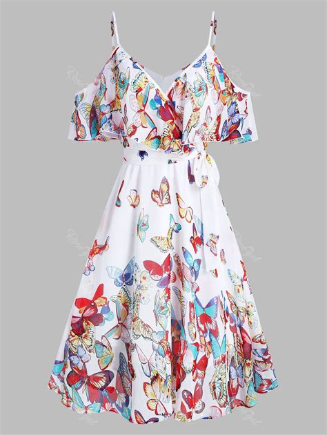 Butterflies Print Knotted Cold Shoulder Flounce Dress [55 Off] Rosegal