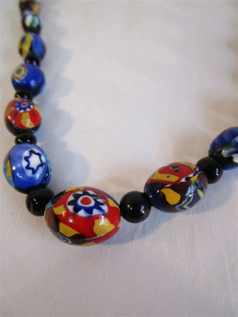 S Millefiori Beaded Necklace Black Oval Glass S Hippie Etsy