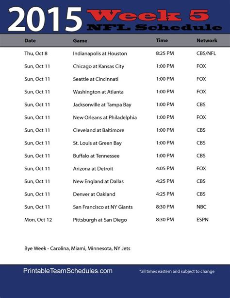 Nfl Week Schedule Printable Schedule