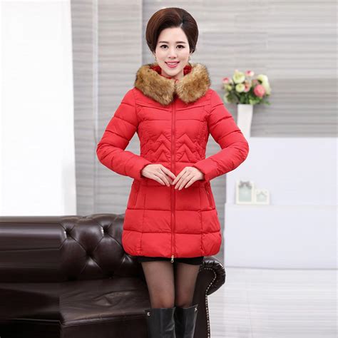 Women Plus Size Middle Aged Fur Collar Hooded Long Thick Jacket Coat