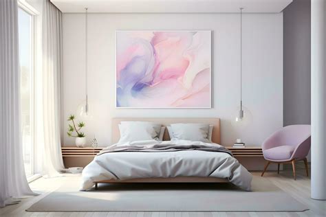 Minimalistic White Bed with Colorful Abstract Wall Decor,Genarative ai ...