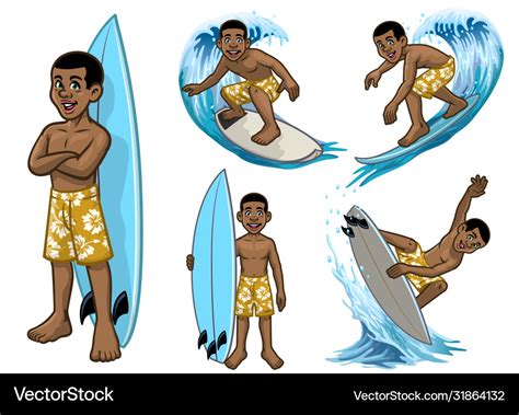 Set Cartoon Black Young Surfer Royalty Free Vector Image