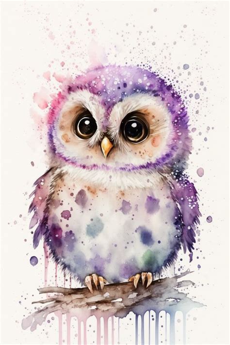 an owl is sitting on a branch with watercolor paint splatters around it