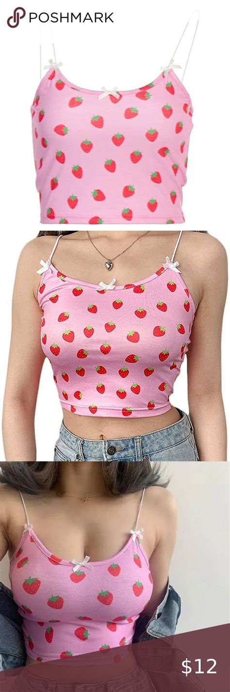 Y2k Kawaii Harajuku Pink Strawberry Crop Top Spaghetti Strap Tank Top Bows In 2023 Spaghetti