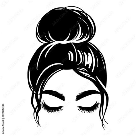 Messy hair bun, vector woman silhouette. Beautiful girl drawing ...