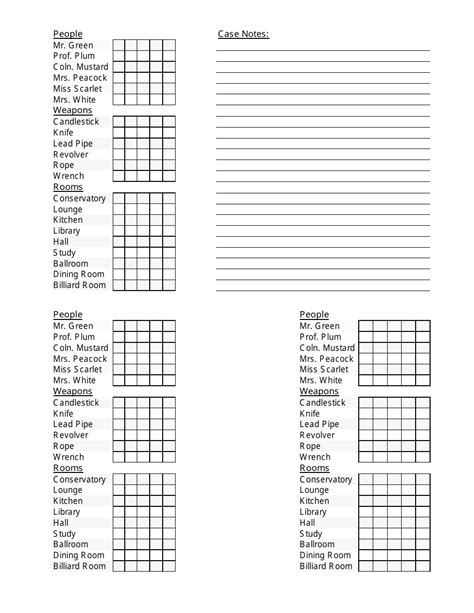 Clue Game Sheet With Case Notes Download Printable Pdf Templateroller