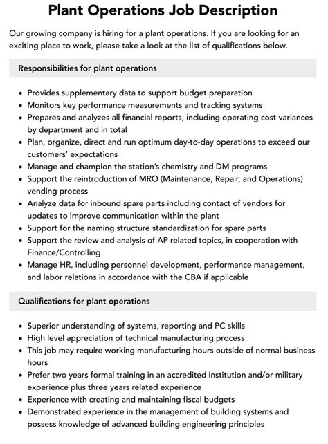 Plant Operations Job Description Velvet Jobs