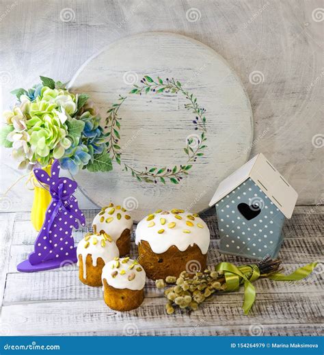 Easter Decoration Set with Glazed Kulich and Vanilla Eclairs Stock Image - Image of flowers ...