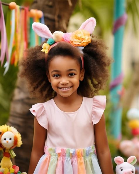 Menina Afro Americana Cabelos Encaracolados E Orelhas De Coelho