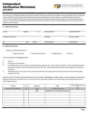 Fillable Online Independent Verification Worksheet 20122013 Your 2012