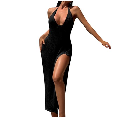 DISKEBUISS Women Knit Maxi Beach Bikini Cover Ups Sexy Side Slit Backless Long Dress Summer