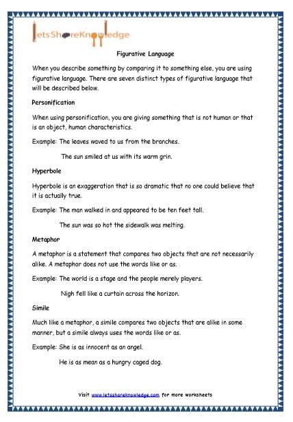 Grade 4 English Resources Printable Worksheets Topic Figurative Language Lets Share Knowledge