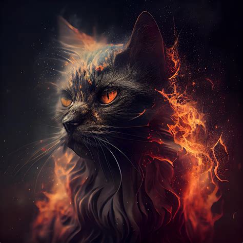 Portrait Of A Black Cat With Orange Eyes And Smoke On A Dark Background