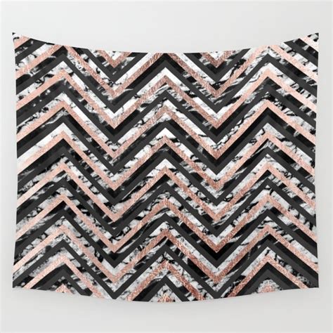 Black And White Marble And Rose Gold Chevron Zigzag Wall Tapestry By