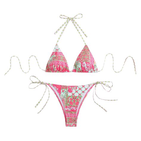 Zqgjb Women S Piece Vintage Floral Bikini Boho Halter Triangle Bikini Set Tie Back Swimsuit