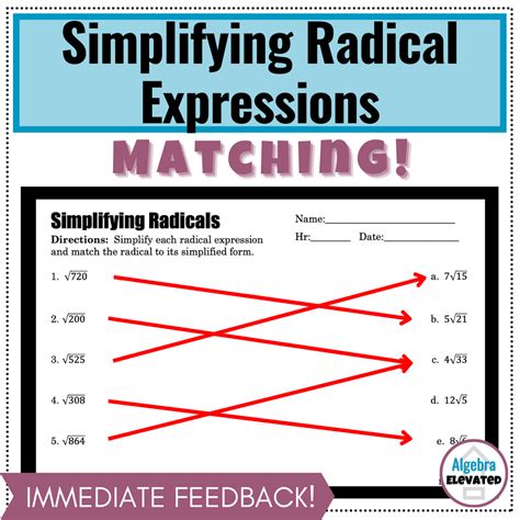 Simplifying Radicals Matching Worksheet Made By Teachers