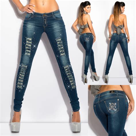 Womens New Ripped Super Skinny Jeans Designer Blue With Bling Sexy Low Rise Ebay