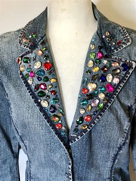 Holiday Bling Jacket Rhinestone Embellished Denim Jacket Hand Sewn Multi Color Rhinestone