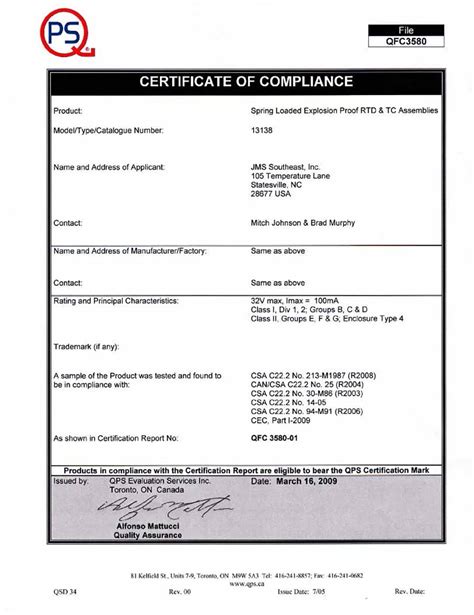 CSA Certification JMS Southeast Inc