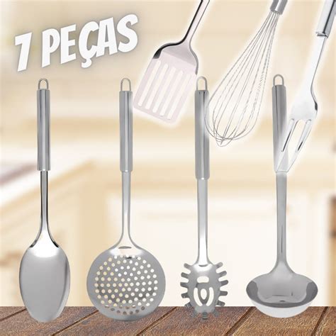 Conjunto Utens Lio Cozinha Em A O Inox Kit Pe As Prata Promo Es