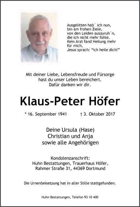 Traueranzeigen von Klaus Peter Höfer Trauer in NRW de