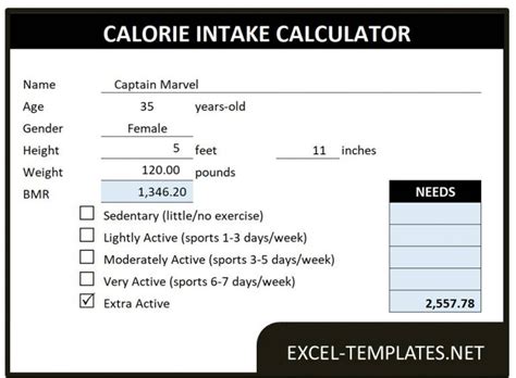 Calorie Intake Calculator » Excel Templates