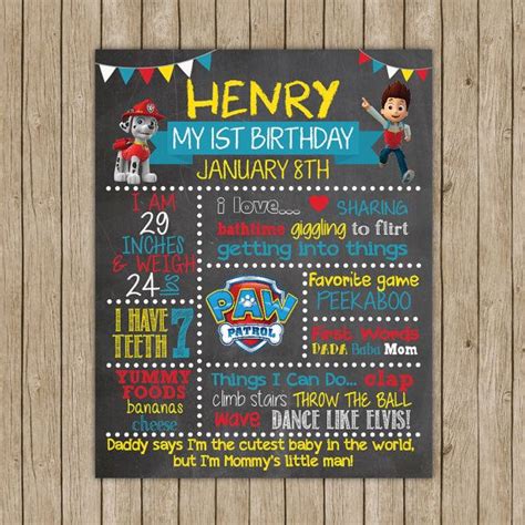 Paw Patrol Birthday Chalkboard Custom Birthday Chalkboard Choose Your