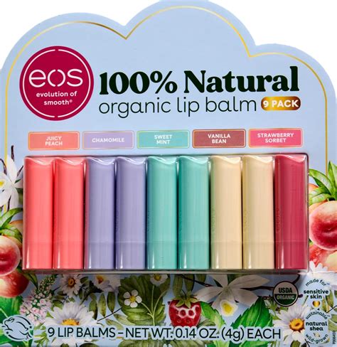 Eos Organic Lip Balm Juicy Peach Chamomile Mint Vanilla Strawberry 9 Pack Beauty